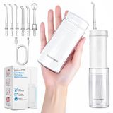 BarberBoss Reiswaterflosser, draadloze monddouche, 3 drukmodi, 6 mondstuktips (3 x standaard, orthodontisch, parodontaal, tongreiniger), telescopische tank, 50 dagen batterij, QR-7111 (wit)