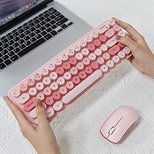 Ohfruit Bluetooth toetsenbord, Multi Device Keyboard Oplaadbare Bluetooth 5.0, Ronde Keycaps Draadloos Toetsenbord, 1 Set Quick Response Draadloos Toetsenbord Mini Muis voor iPad, iOS, Android, Windows Roze