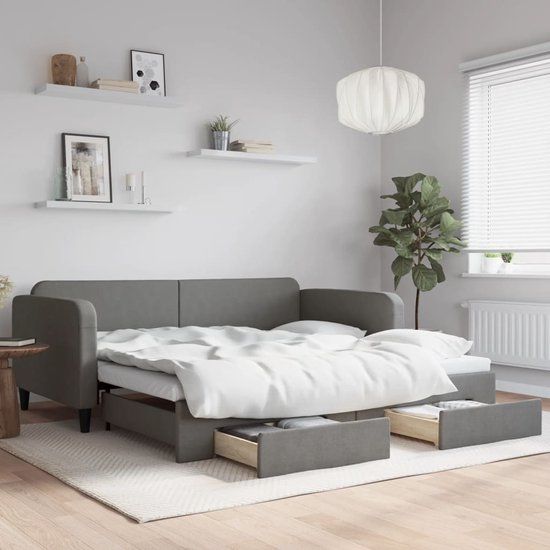 vidaXL Slaapbank met onderschuifbed en lades 100x200 cm stof donkergrijs