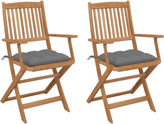 vidaXL Set van 2 klapstoelen met kussens, massief acaciahout, grijs