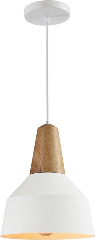 QUVIO Hanglamp modern - Metaal en houten kop - Diameter 23 cm - Wit en bruin