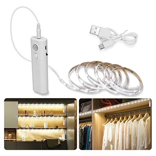 LUXJET 1,5 m Oplaadbare Garderobe Lights, Wake Up Night Lights LED Strips, Motion Sensor geactiveerd, automatisch aan / uit en timer, 3000 K warm wit voor kast, ondervloer, kabinet, bed (2M, koel wit)