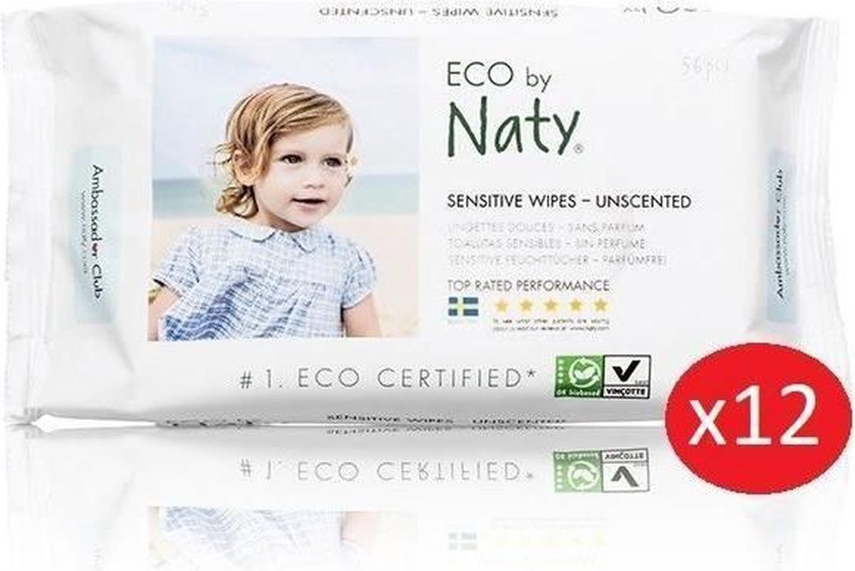 Naty parfumvrij, 672 stuks (12 x 56 doekjes), plantaardige composteerbare vochtige babydoekjes, 0% plastic op de huid