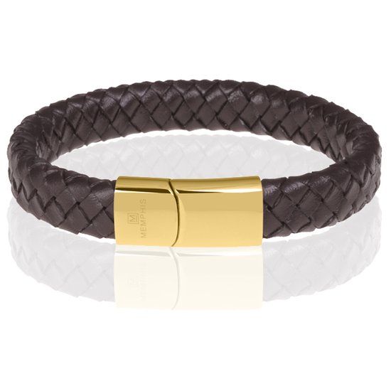 Memphis Gevlochten leren armband Bruin Goudkleurig-18cm