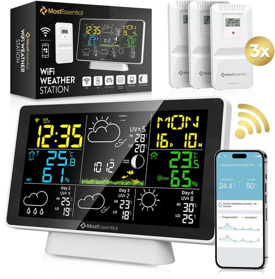 MostEssential Weerstation Wifi Edition - Draadloos Weerstation met Buitensensor - Hygrometer - Binnen en Buiten - 150 Meter Bereik - Inclusief App - Wit - 3 sensors