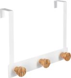 5five Deur ophang kapstok - met 3 ophanghaken/knoppen - wit/beige - B25 x H20 cm - metaal/bamboe