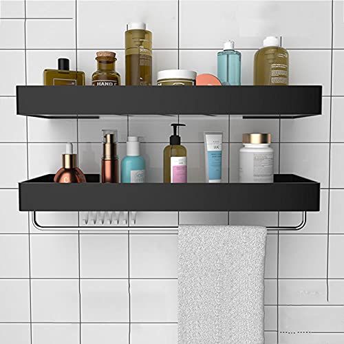 HIFASI Douche Organizer Zelfklevende Douche Caddy Zwart Badkamer Plank Geen Boren Wandmontage Ruimte Aluminium Voor Badkamer Wc B50cm Maat B40cm
