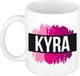 Bellatio Decorations Kyra naam cadeau koffie mok - beker - met roze verfstrepen - Cadeau collega - moederdag - verjaardag - juf - coach - 300 ml - wit