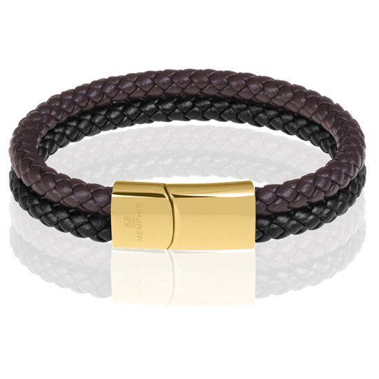 Memphis Dubbele leren armband Duo Color Goudkleurig-22cm