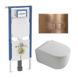 QeramiQ Dely Swirl Toiletset - 36.3x51.7cm - Geberit UP720 Duofix Sigma inbouwreservoir - sans bride - cuvette approfondie - siège 35mm - plaque de commande cuivre - boutons rectangulaires - blanc mat