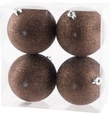 Cosy & Trendy Billiet - Vanlaere 4x stuks kunststof glitter kerstballen donkerbruin 10 cm