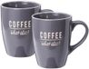 Excellent Houseware Siaki koffie kopjes Barista Cafe - 2x stuks - grijs - 340 ml - mokken - keramiek - 10 cm - met koffie thema teksten