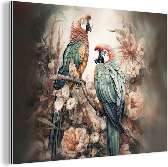 MuchoWow Aluminium Schilderij Papegaaien - 80x60 cm - Industrieel - Dibond