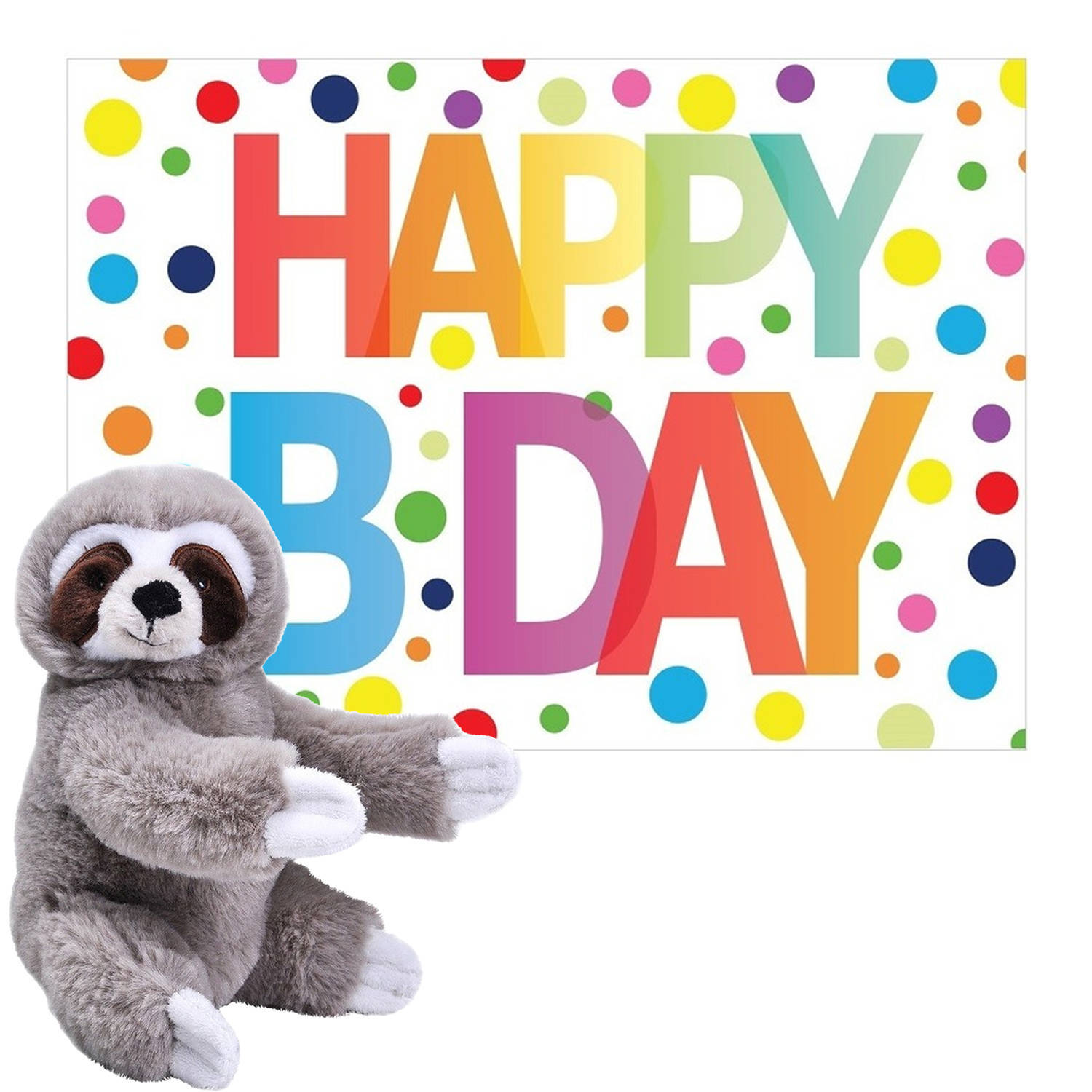 Wild Republic pluche dieren knuffel luiaard 25cm met happy birthday wenskaart - knuffeldier