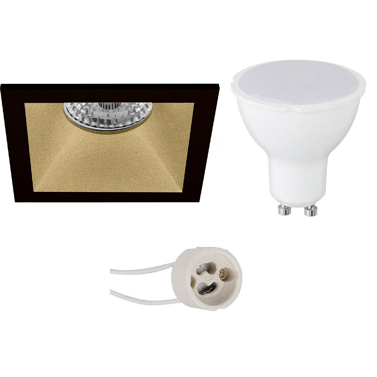 BES LED LED Spot Set - Aigi - Pragmi Pollon Pro - GU10 Fitting - Inbouw Vierkant - Mat Zwart/Goud - 8W - Warm Wit 3000K - Verdiept - 82mm