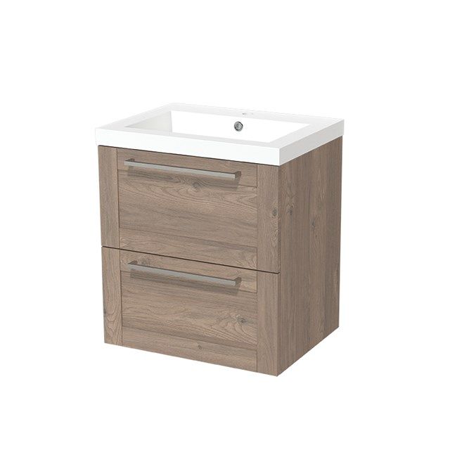 Maxaro Badkamermeubel 60cm Modulo Middenbruin Eiken 2 lades Kader Wastafel Mineraalmarmer