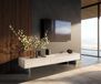 Meuble TV Cuor 200 cm Céramique Laminam® Travertino Bianco Crème-blanc 1 clapet 1 tiroir pied optique flottant acier inoxydable