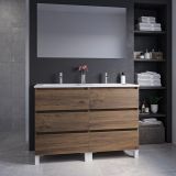 Saniclass Chaci PLUS Badkamermeubelset - 120x86x46cm - keramische wastafel wit - 2 wasbakken - 2 kraangaten - 6 lades - rechthoekige spiegel - noten (hout)