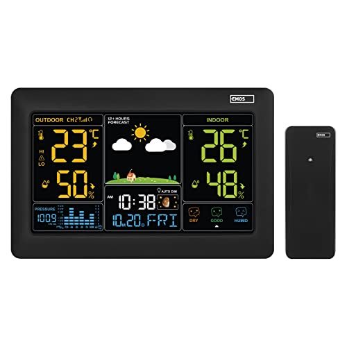 Emos Draadloos weerstation met kleurendisplay en buitensensor, thermometer, hygrometer, barometer, weersvoorspelling, datum en klok, wekker, smiley-indicator, incl. voeding