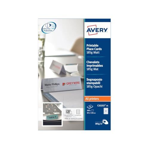 Avery Printbare plaatskaarten, dubbelzijdig micro-geperforeerd, alle printers, 110 x 40 mm, 4 kaarten per vel, 100 kaarten per verpakking - 185 g/m², wit