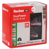 fischer DuoPower 6 x 30 S met zwart verzinkte schroeven in industrieel design, universele pluggen, 2K-pluggen voor beton, massieve steen, gatsteen en gipsplaat, 50 pluggen + 50 schroeven