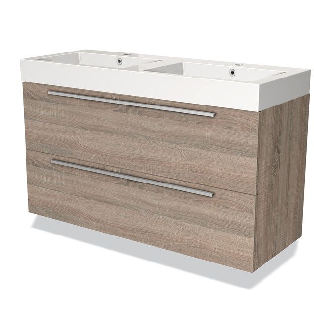 Maxaro Badkamermeubel 120cm Modulo Eiken 2 Lades Vlak Wastafel Mineraalmarmer