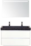 BES LED Dante Badmeubelset 100 cm - Wit Hoogglans - Wastafel Hardsteen Wit Lucca 2 Kraangaten met Sence Spiegel