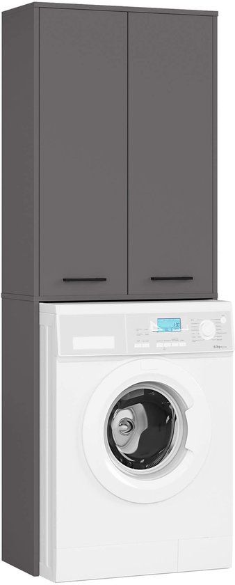 Akord Badkamerkast voor Wasmachine FIN / Hoge Wasmachinekast met 2 Deuren / Grafietgrijs / 64 x 180 x 30 cm