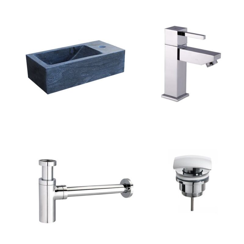 Badkamerplanet Natuursteen Fonteinset Rimini Mini 36x18x10 cm - Vierkante Kraan, Afvoer en Sifon