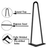 Pieds de meuble - Pieds épingle pour table - 25 cm, acier 10 mm - Double - Capacité de charge - Set de 4 avec vis et protections de sol - Noir