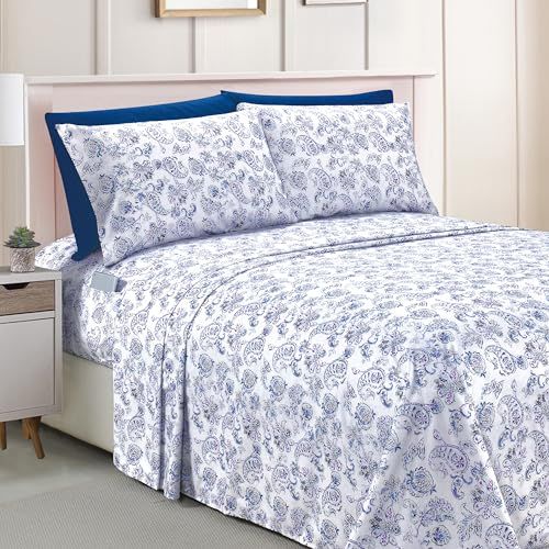 Elegant Comfort Amelia Paisley Bedrukte 6-delige Lakenset, Queen, Blauw