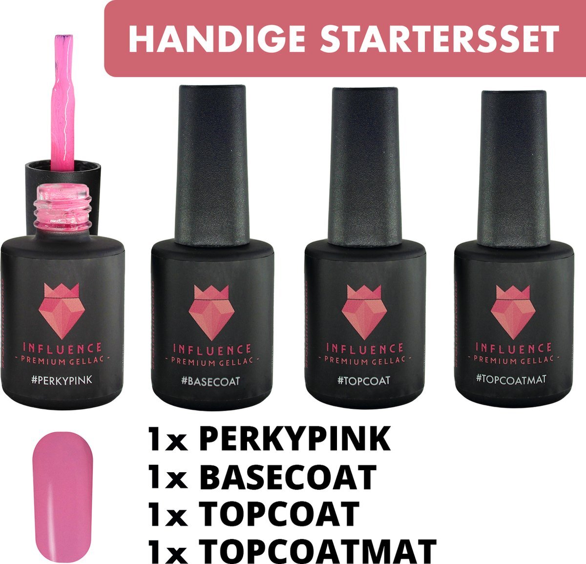 Influence - Premium Gellac #PERKYPINKSERIE - Influence Gellac - UV / LED Gellak - Gel nagellak - Gel lak - Kado voor haar vrouw - Basecoat - Topcoat - Topcoatmat - No wipe - Roze / Transparant - Startersset - 4 x 10 ml