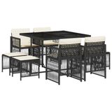 vidaXL 9-delige tuinset met kussens, polyrotan, zwart