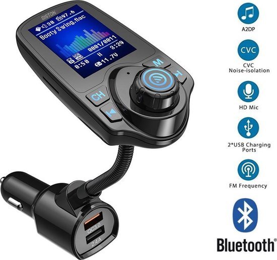 siston Bluetooth FM Transmitter T10D (2019), Auto Radio Adapter CarKit met 4 Music Play Modes / Hands-free Bellen / TF Kaart / USB Auto Lader / USB Flash Drive / AUX Input / Output 1.44 inch LCD Display/ Bluetooth Carkit 5 in 1 -
