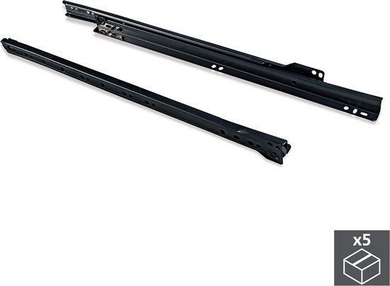 Emuca Set ladegeleiders met rolgeleiding, zelf sluitingsmechanisme, 500 mm, voor gedeeltelijke opening, Zwart, 5 st.