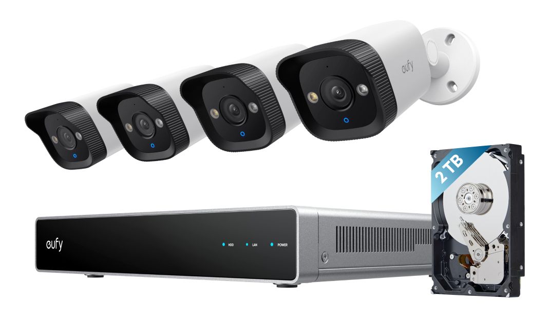 Eufy PoE NVR Security System E40, 4 stuks 4K bullet camera's, bedrade outdoor camera, 4K UHD, 122° FOV, nachtzicht in kleur, 24/7 opname, AI-detectie, rode en blauwe strobe, 8CH NVR, 2 TB HD