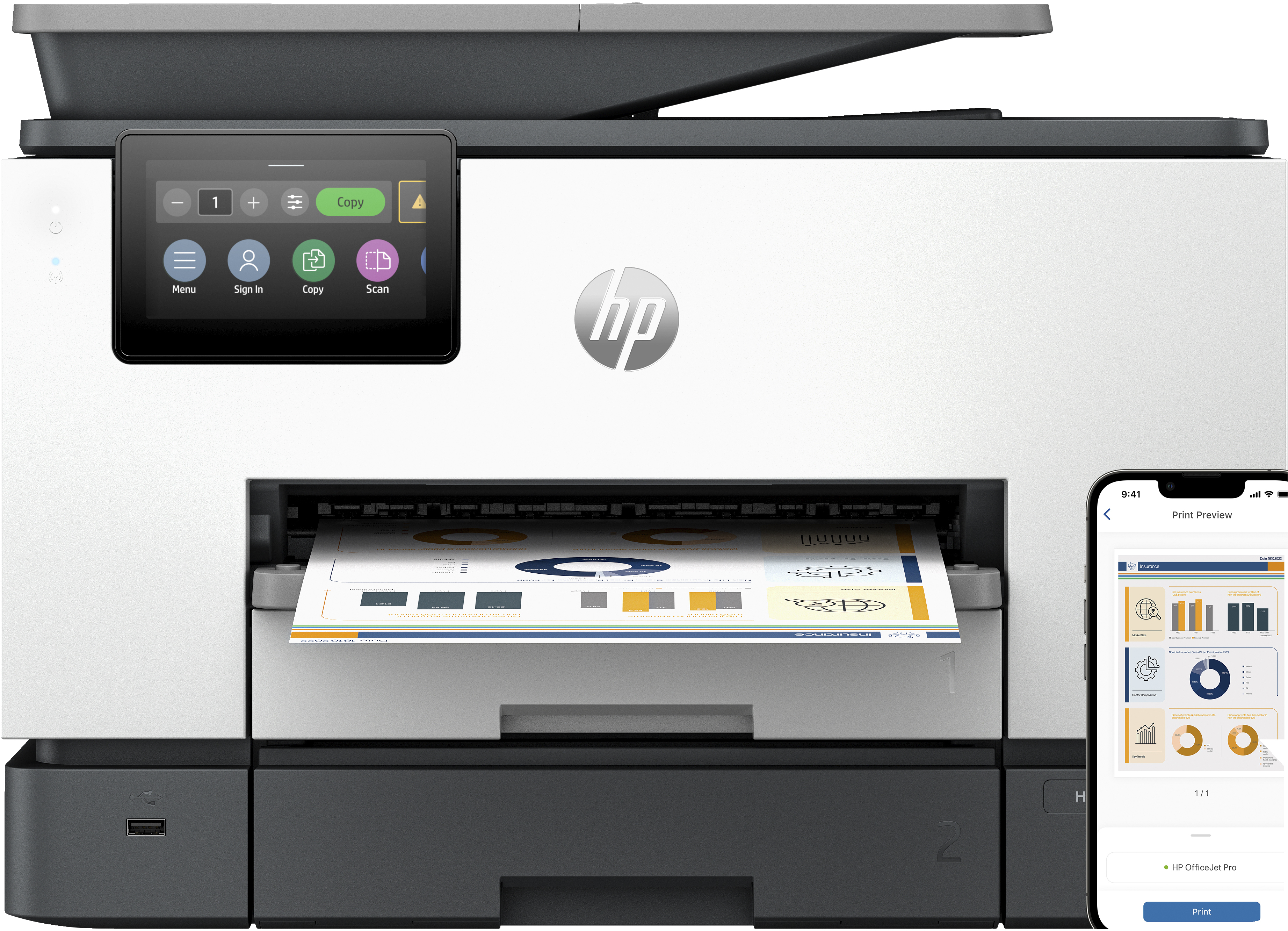 HP HP OfficeJet Pro 9130b All-in-One printer, Kleur, Printer voor Kleine en middelgrote ondernemingen, Printen, kopi&#235;ren, scannen, faxen, Draadloos; Printen vanaf telefoon of tablet; Automatische documentinvoer; Dubbelzijdig printen; Dubbelzijdig scannen; Scannen naar e-mail; Scannen naar pdf; Faxen; USB-poort voorzijde; Touchscreen