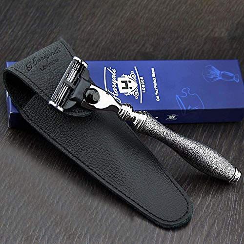 Haryali London Premium Mach3 Razor zilver antieke collectie & echt lederen beschermhoes - Perfect cadeau voor hem