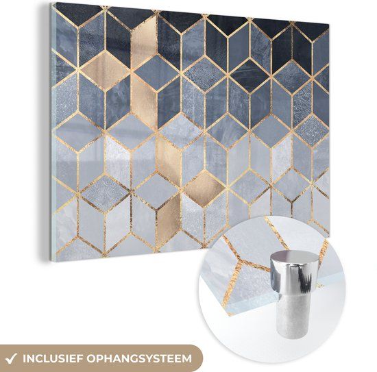 MuchoWow® Glass Painting 120x80 cm - Acrylic Glass Painting - Cube - Gold - Luxury - Patterns - Photo on Glass - Paintings