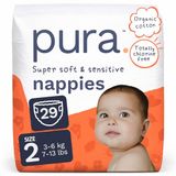 Pura Eco Babyluiers - maat 2 (3-6 kg/6-13 lbs), 1 pak (29 luiers), ultrazachte luiers voor de gevoelige huid, biologisch katoen, nattigheidsindicator, navelstrenguitsparing, nieuwe maatgids