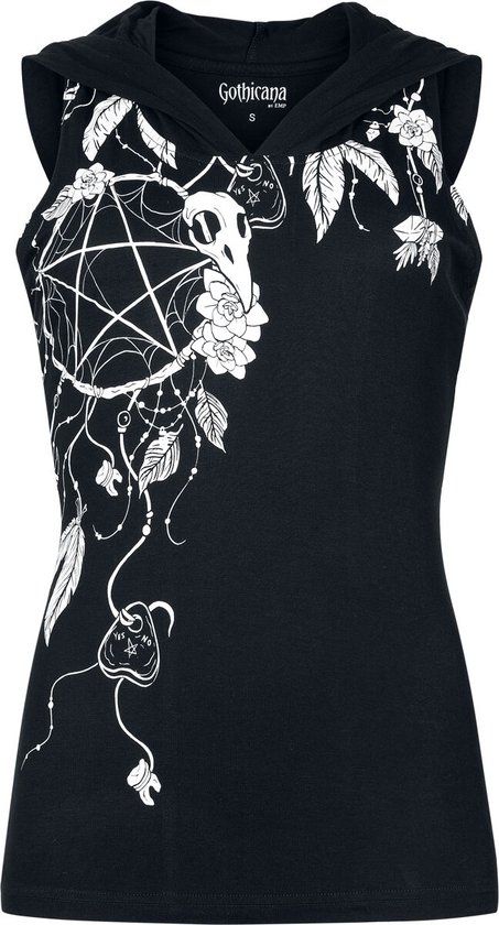 Gothicana by EMP Gothicana Zwarte top met capuchon en print aan de voorkant - Dames - XXL
