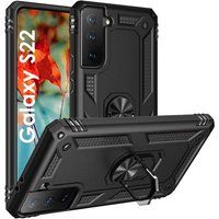 Phonillico® Zwarte hoes voor Samsung S22 5G - Schokbestendige bescherming Robuuste militaire stijl 360 graden roterende ring