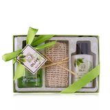 Accentra OLIVE Douchecadeauset voor dames in mooie geschenkdoos, 3-delige verzorgingsset met douchegel, bodylotion en sisalhanddoek, wellness-geschenkdoos