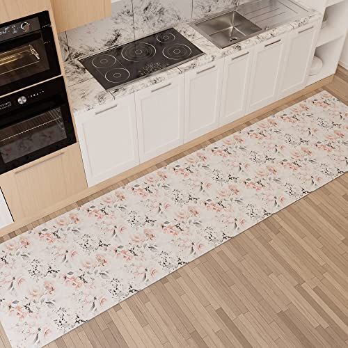 PETTI Artigiani Italiani - Tapijt voor keuken, antislip en wasbaar, 52 x 100 cm, bloemendesign 17 wit, 100% Made in Italy