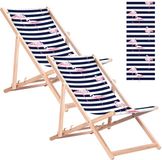 GreenBlue GB183 - 2 stuks - Strandstoel - Klassieke beukenhouten ligstoel met flamingo-print - tot 110 kg