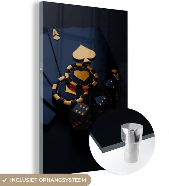MuchoWow Glass Painting Black Gold - Playing Cards - Coins - Poker - Gold - Black - 100x150 cm - Photo on Glass - Living Room Decoration