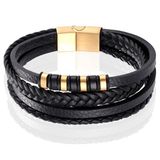 Mendes Lookinggoodtoday Leren heren armband Multi Mendes Edelstaal Goudkleurig Zwart-22.5cm