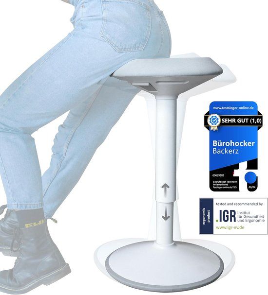 Backerz Wiebelkruk - Ergonomische Wiebel Stoel - Wit - 40-60cm - Balanskruk - Zit Sta kruk - Zadelkruk