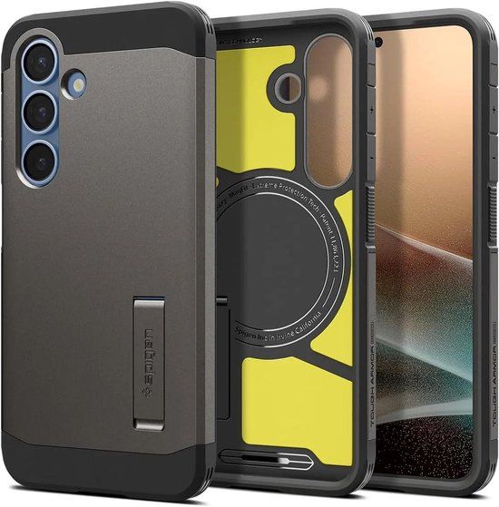 Spigen Tough Armor Hoesje Geschikt voor Samsung Galaxy S25 Plus | Compatibel met MagSafe en Qi2 | Back Cover Militaire Standaard | Kickstand | Gunmetal