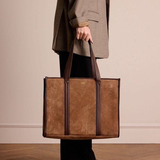 Manfield - 18 inch taupe suède shopper met leren details